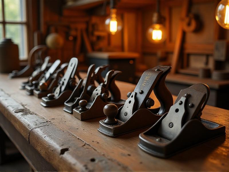 A collection of vintage hollow-ground plane irons displayed on a rustic wooden table. The tools show signs of age, with patina and wear, yet their craftsmanship remains evident. The warm lighting and antique setting evoke a sense of history and tradition in woodworking.