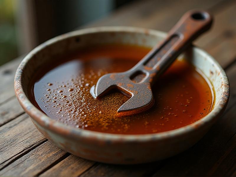 A close-up of a rusty wrench submerged in a bowl of vinegar, with bubbles forming on the surface of the metal. The image captures the texture of the rust and the cloudy appearance of the vinegar, set against a rustic wooden table with soft, diffused lighting.