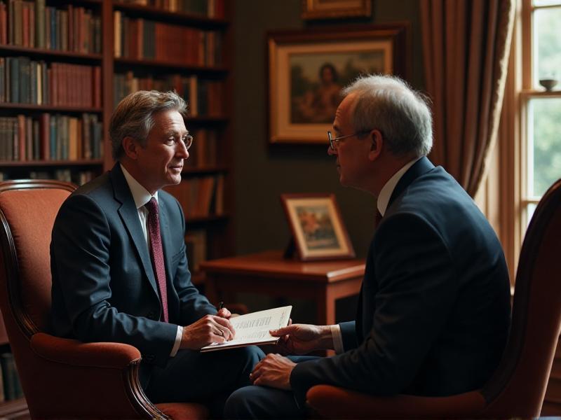 A seller attentively listening to a collector buyer in a cozy, book-lined study, with a thoughtful expression and a notebook in hand, capturing the essence of focused communication.