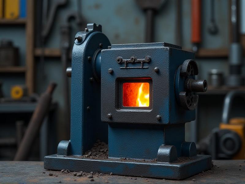 A close-up view of a portable forge stand made from high-grade steel, with visible welding seams and a heat-resistant coating. The image is set in a manufacturing facility with tools and machinery in the background, highlighting the precision and craftsmanship involved in its construction.