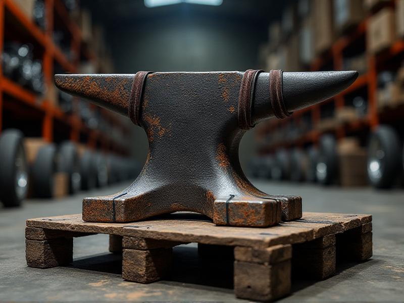 A heavy blacksmith anvil securely wrapped in thick foam padding and strapped to a wooden pallet with heavy-duty straps, ready for safe transportation in a shipping warehouse.