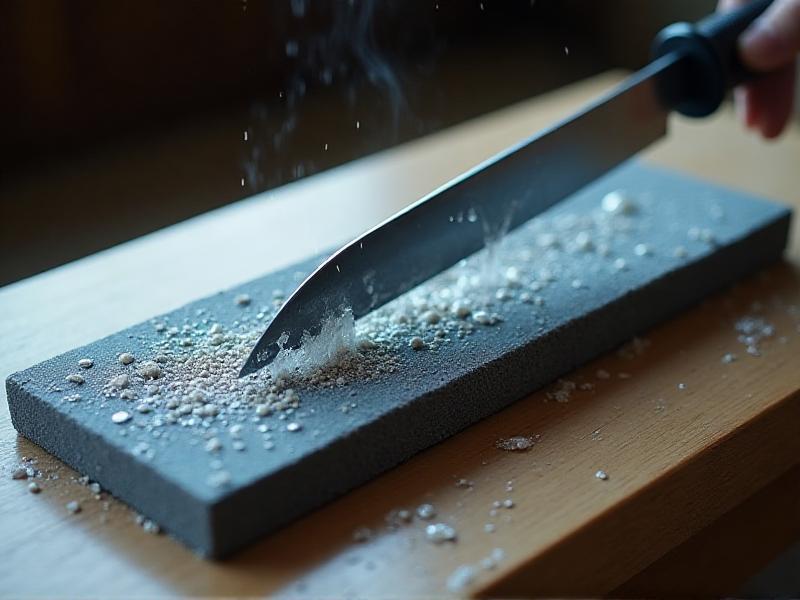 A close-up of a Japanese water stone in use, with water creating a slurry on its surface. The blade is held at a precise angle, and the image captures the interaction between the stone, water, and metal. The lighting is soft and focused, emphasizing the intricate details of the honing process.