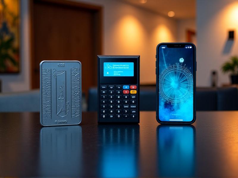 A side-by-side comparison of a manual, digital, and smartphone-based honing guide angle calculator. The manual calculator is made of metal with engraved markings, the digital calculator has a sleek black design with a bright LCD screen, and the smartphone app is displayed on a modern smartphone with a user-friendly interface, showcasing the diversity of options available to users.