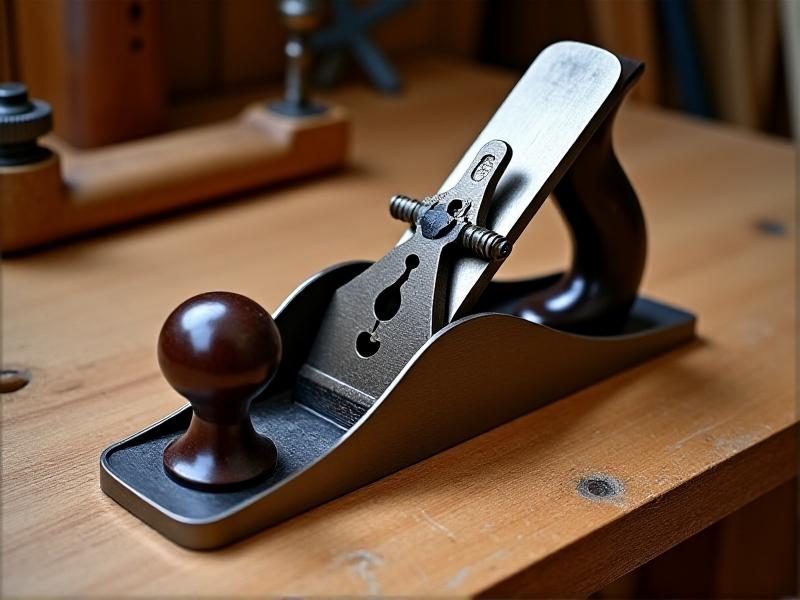 An image of a fake vintage hand plane with an overly polished surface and inconsistent patina, placed on a modern workbench, highlighting the discrepancies that indicate it is not authentic.