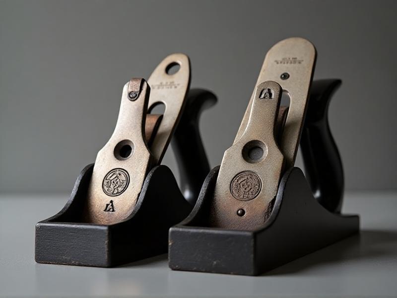 A side-by-side comparison of a genuine Sheffield plane iron and a counterfeit version, highlighting differences in steel texture, edge sharpness, and logo quality, with a magnifying glass emphasizing the discrepancies.
