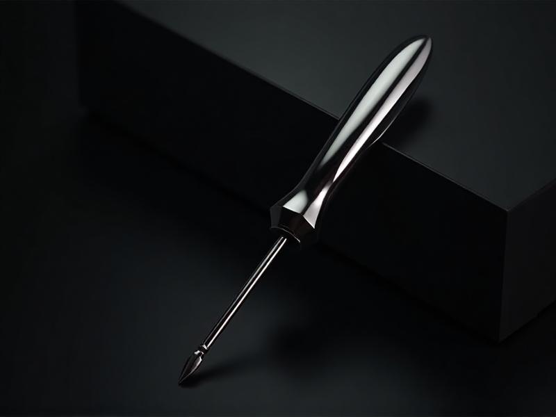A minimalist photography setup with a sleek, black background, emphasizing a shiny, chrome-plated screwdriver. The tool is placed diagonally, creating a dynamic composition.