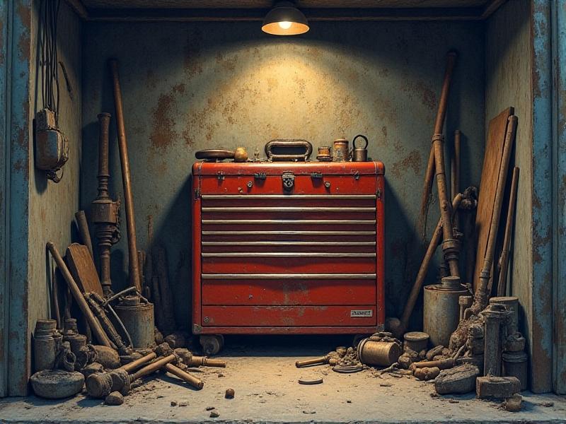 An old, dusty toolbox in a dimly lit garage, with cobwebs and scattered tools, evoking a sense of history and discovery before the restoration process begins.