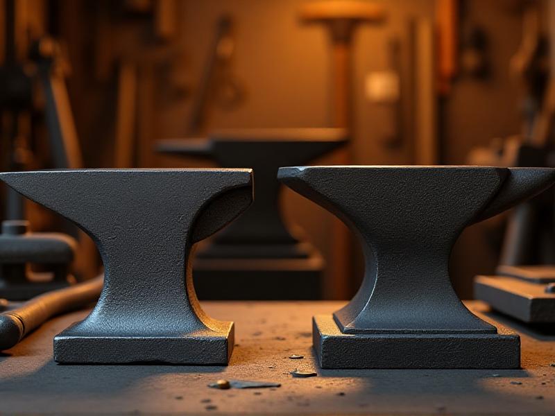 A side-by-side comparison of a cast steel anvil and a wrought iron anvil, showcasing their distinct textures and finishes. The cast steel anvil has a smooth, polished surface with a dark, metallic sheen, while the wrought iron anvil features a rougher, more textured surface with a lighter, matte finish. The image is set in a blacksmith's workshop with tools and metal pieces in the background, emphasizing the practical context of these materials.