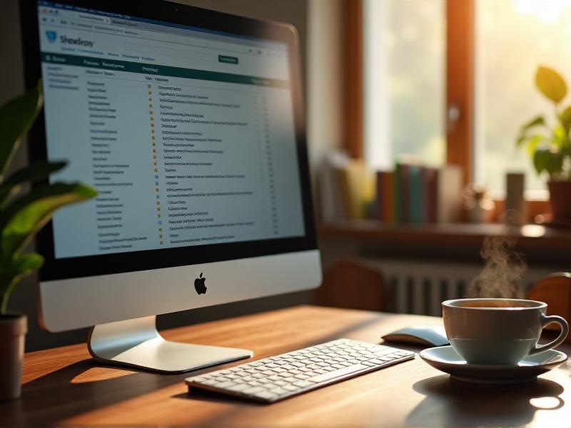 A close-up of a computer screen displaying a patent database search interface with highlighted keywords and filters. The background features a cozy workspace with natural lighting and a cup of coffee on the desk.