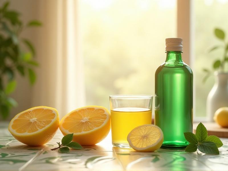 An artistic arrangement of natural ingredients like lemons, vinegar, and baking soda alongside a biodegradable rust remover bottle. The image has a bright, natural lighting with a focus on organic and sustainable elements.