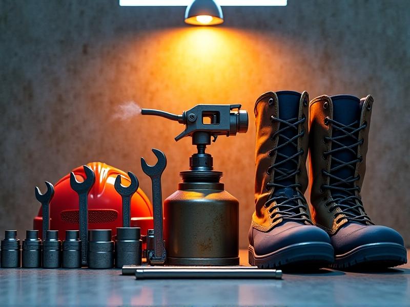 A neatly arranged collection of tools for removing stubborn bolts, including a propane torch, induction heater, wrenches, and safety gear. The image has a clean, organized layout with vibrant colors, showcasing the essential equipment for the task.