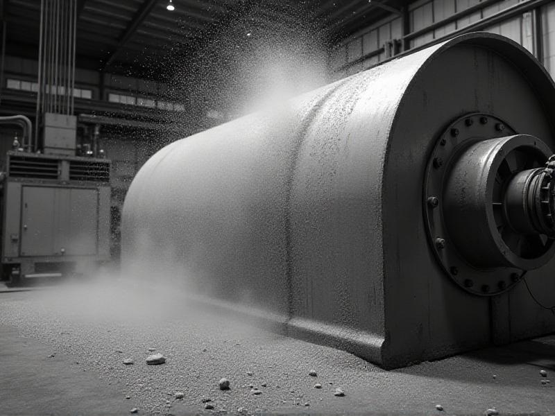 An industrial scene showing coarse grit sandblasting media in action, removing thick layers of rust and paint from a steel surface. The image captures the intense process, with particles flying and the surface transforming under the force of the abrasive media.
