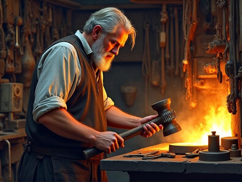 A skilled blacksmith performing the Anvil Ring Test, striking the anvil with a hammer while listening intently. The workshop is filled with tools and equipment, with warm lighting creating a cozy, industrious atmosphere. The focus is on the blacksmith's concentrated expression and the precise movement of the hammer.