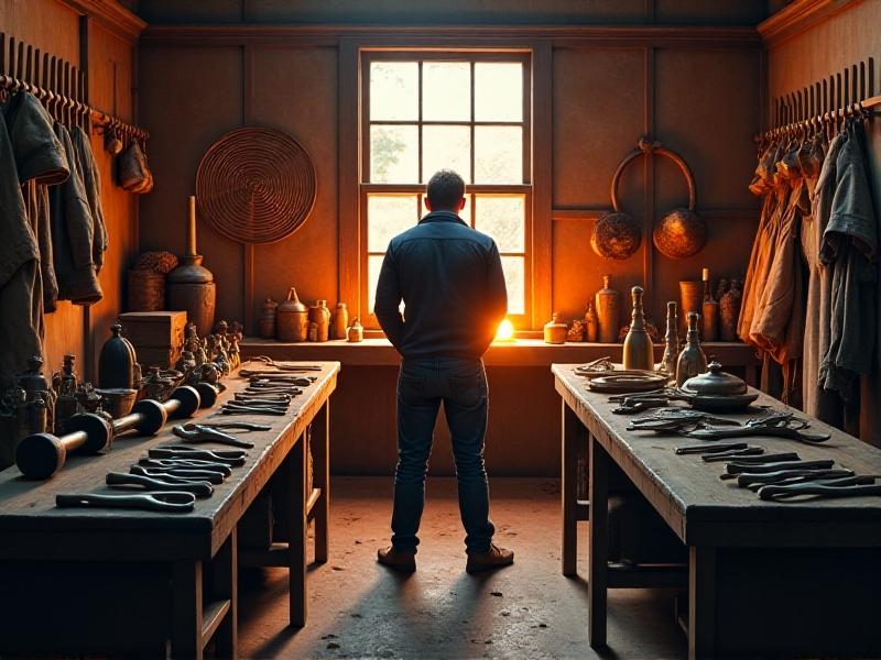 An organized workspace with a forge, welding tongs, hammers, and safety gear laid out on a wooden bench. The forge is glowing with heat, and the tools are ready for use, creating a sense of preparation and craftsmanship.