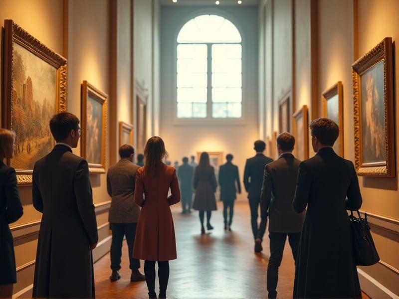 A serene art gallery with high ceilings and natural light streaming through large windows. A curator is examining a painting with a magnifying glass, while visitors admire the artwork, highlighting the cultural and historical significance of provenance in the art world.