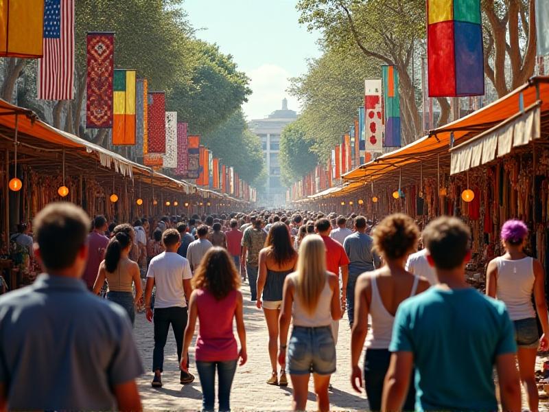 A vibrant craft fair scene with rows of colorful stalls selling handmade goods, and a central area where a tool restoration demo is taking place. The crowd is engaged, with some taking photos and others chatting with the artisan, creating a lively and welcoming atmosphere.
