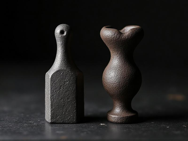 Close-up images of wrought iron and cast iron tools highlighting their physical properties. The wrought iron tool shows a fibrous, grainy texture with visible slag inclusions, while the cast iron tool has a smooth, crystalline surface. The tools are placed on a dark background with focused lighting to emphasize their textures and structural differences.