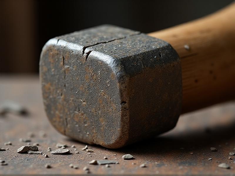 A detailed image of a damaged hammer face showing visible chips and cracks on the metal surface, with a worn wooden handle in the background. The image highlights the wear and tear that tools endure over time.