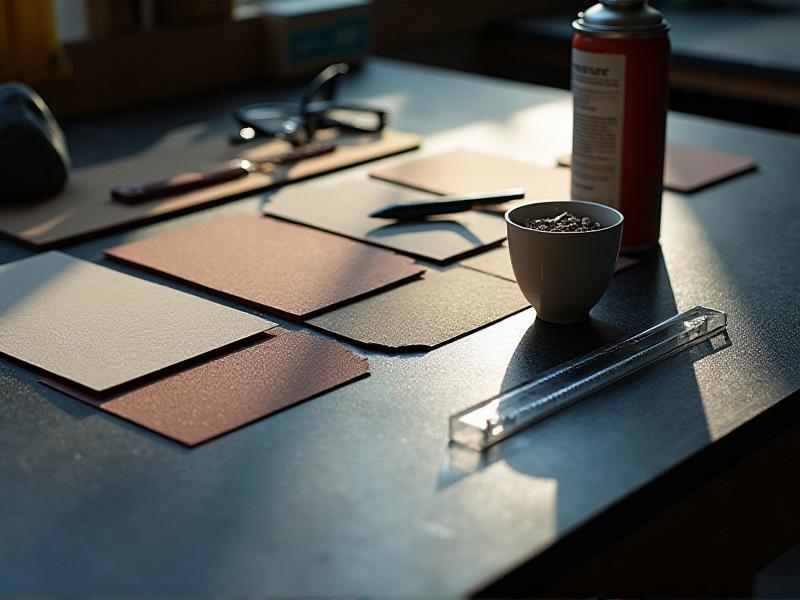 An organized workspace displaying materials for the Scary Sharp Method: sheets of sandpaper in various grits, a flat granite surface, spray adhesive, a marking pen, and safety gear. The image emphasizes preparation and precision.