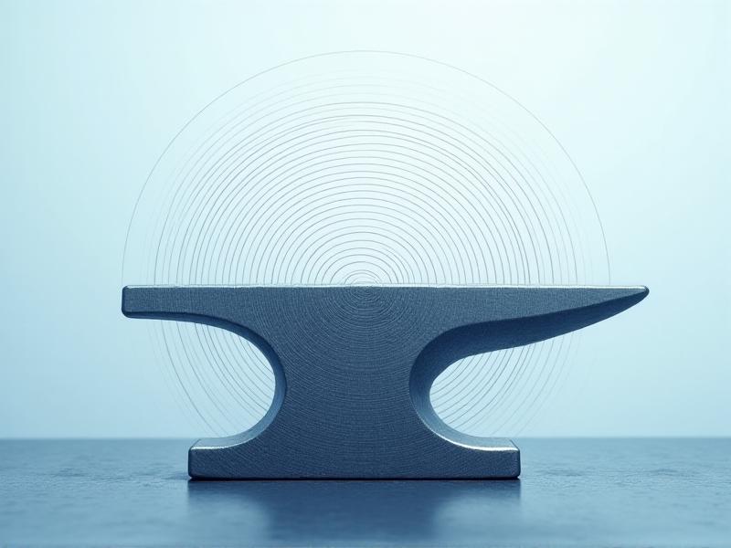 A diagram showing sound waves traveling through an anvil after being struck by a hammer. The waves are depicted as concentric circles radiating from the point of impact, illustrating how they propagate through the metal. The background is a gradient of blue and white, emphasizing the scientific nature of the image.