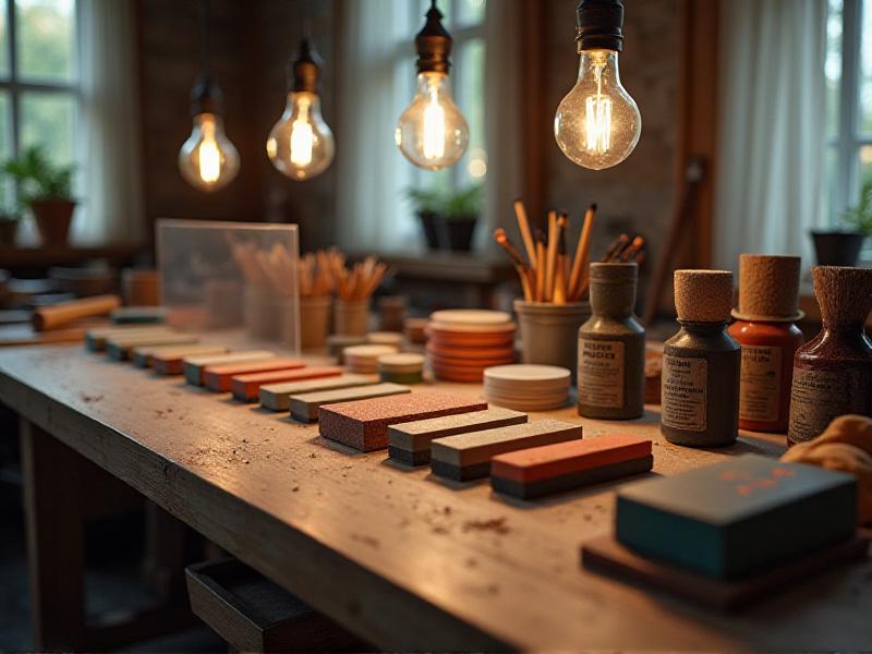 An assortment of tools and materials for blade restoration, including sharpening stones, sandpaper, polishing compounds, and safety gear. The tools are neatly arranged on a wooden workbench with soft lighting creating a focused, professional atmosphere.