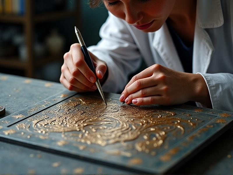 A close-up of a hand using a dental pick to carefully remove rust from around an engraved pattern on a metal surface. The workspace is well-lit, highlighting the precision required.