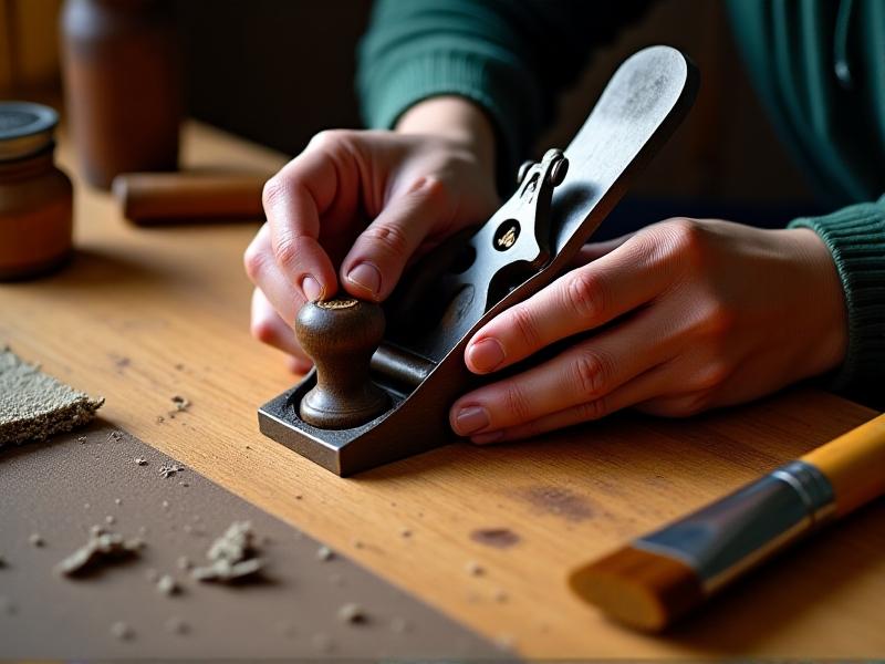 A close-up of an artisan’s hands restoring a vintage hand plane, with tools like sandpaper, brushes, and oil neatly arranged on a wooden table. The image captures the intricate details of the restoration process, with warm lighting enhancing the textures of wood and metal.