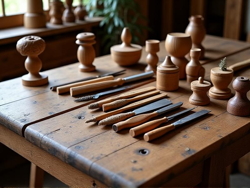 An organized array of restoration tools, including hammers, chisels, sandpaper, and brushes, neatly arranged on a wooden workbench. The warm lighting and rustic background emphasize the craftsmanship and dedication to the craft.