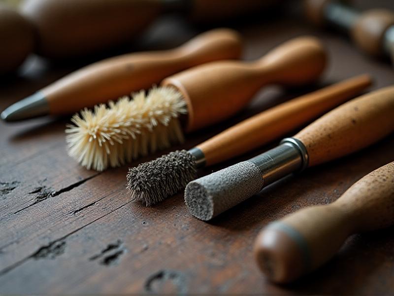 An assortment of derusting tools, including a small brush, dental pick, and steel wool, arranged on a workbench. Soft overhead lighting creates a focused workspace ambiance.