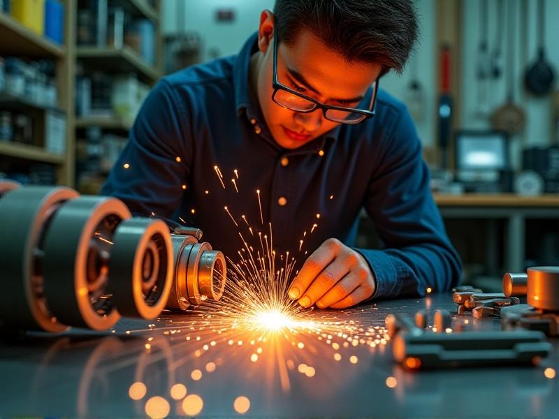 A close-up image of a technician preparing a metal sample for hardness testing. The technician is using a polishing machine to smooth the surface, with sparks flying in the background. The image highlights the meticulous attention to detail required in material preparation, set in a well-organized workshop environment.