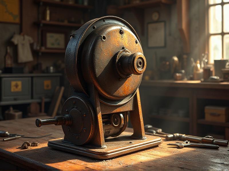 A fully restored vintage power hammer from the 1950s, showcasing its polished metal surfaces and intricate mechanical design. The workshop setting includes a wooden workbench and various hand tools, evoking a nostalgic atmosphere of craftsmanship.