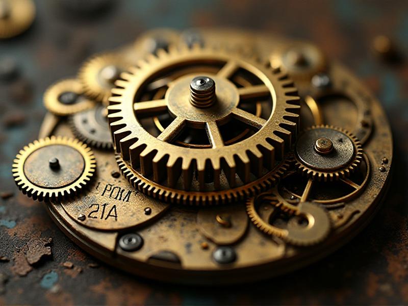 A close-up of a vintage clockwork mechanism with brass gears and springs, showing intricate details and craftsmanship. The mechanism is partially disassembled, highlighting the complexity of its design.