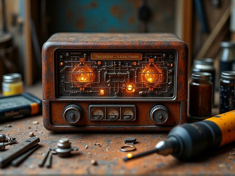 A close-up of a vintage radio being restored, with its intricate circuits exposed and a soldering iron nearby. The image captures the blend of old-world charm and modern technology, set against a cluttered workbench.