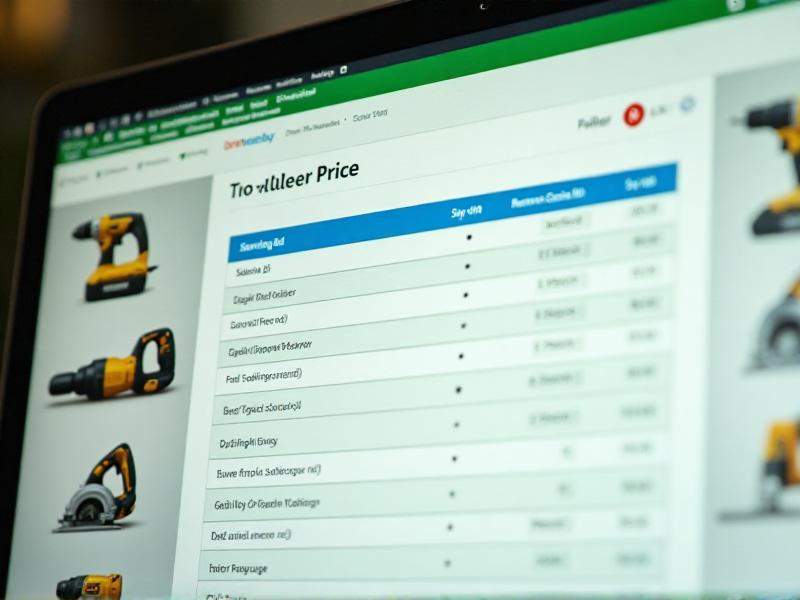 A seller's dashboard on eBay showing various pricing options for a set of power tools, with highlighted fields for starting bid, reserve price, and Buy It Now, set against a sleek, professional interface with green and white tones, suggesting a strategic approach to pricing.