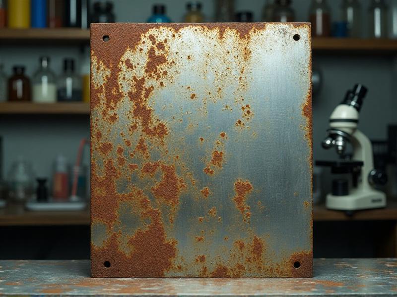 A steel panel undergoing a rust converter primer compatibility test. The panel shows patches of rust and areas treated with primer, highlighting the contrast between untreated and treated surfaces. The lighting is bright, emphasizing the panel's texture and the primer's effectiveness.