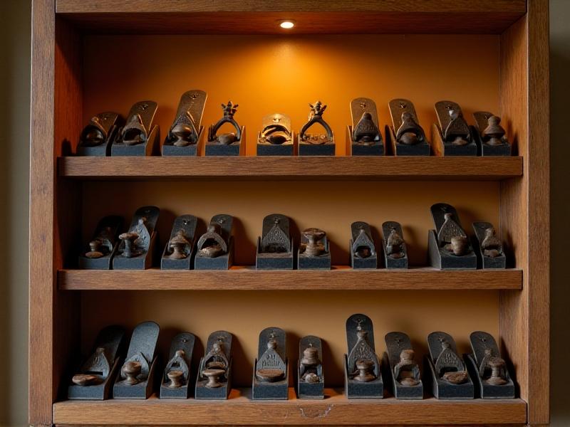 A curated collection of rare Stanley planes displayed on a vintage wooden shelf. Each plane varies in size, design, and condition, with some featuring unique markings or engravings. The warm, natural lighting highlights the craftsmanship and patina of each piece, creating a museum-like display.