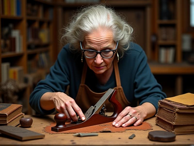 A collector examining a wooden plane with a magnifying glass, focusing on the maker’s stamp. The plane is placed on a wooden workbench, with tools and reference books scattered around, creating a scene of meticulous research and dedication.