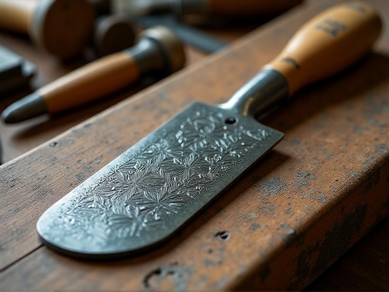 A detailed view of a pre-WWII chisel blade with a geometric pattern, showing the fine engravings and patina of age, placed on a vintage workbench with other antique tools in the background.