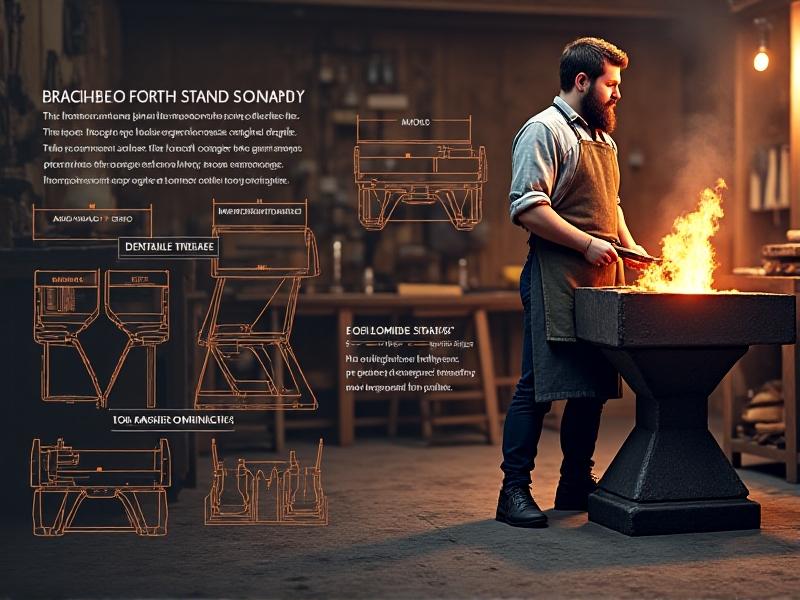 A detailed schematic of a portable forge stand, showcasing its modular design with labeled components such as adjustable legs, a heat-resistant surface, and integrated tool storage. The image is set in a workshop environment with a blacksmith working in the background, emphasizing the practicality and thoughtfulness of the design.