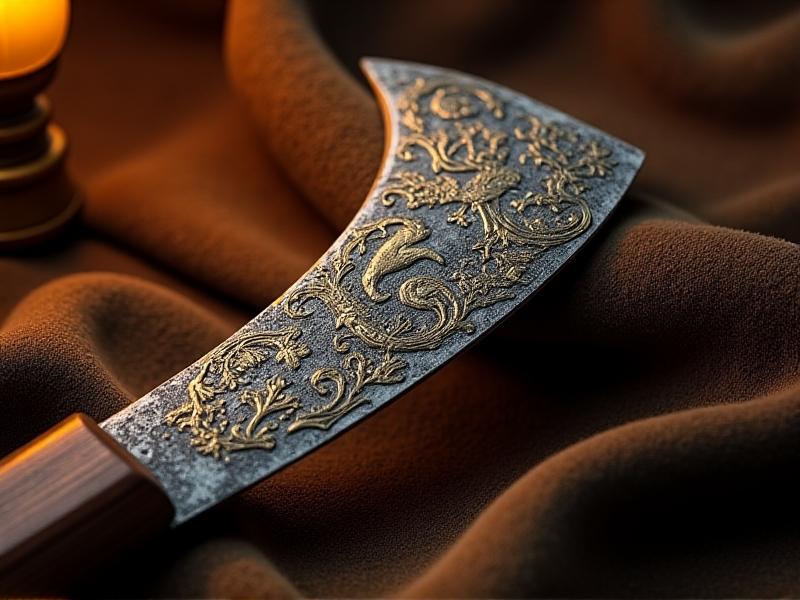 A close-up of a rare Cooper’s adze with intricate engravings on its steel blade and a polished hickory handle, displayed on a velvet cloth under warm lighting, emphasizing its craftsmanship and historical value.