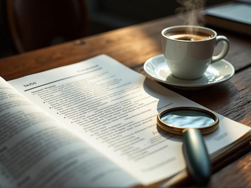 A close-up of an insurance policy document with highlighted sections, placed on a wooden desk next to a magnifying glass and a cup of coffee. The document is partially opened, revealing terms and conditions in fine print. The scene is lit with natural light from a nearby window, creating a professional and thoughtful atmosphere, emphasizing the importance of reviewing insurance details carefully.